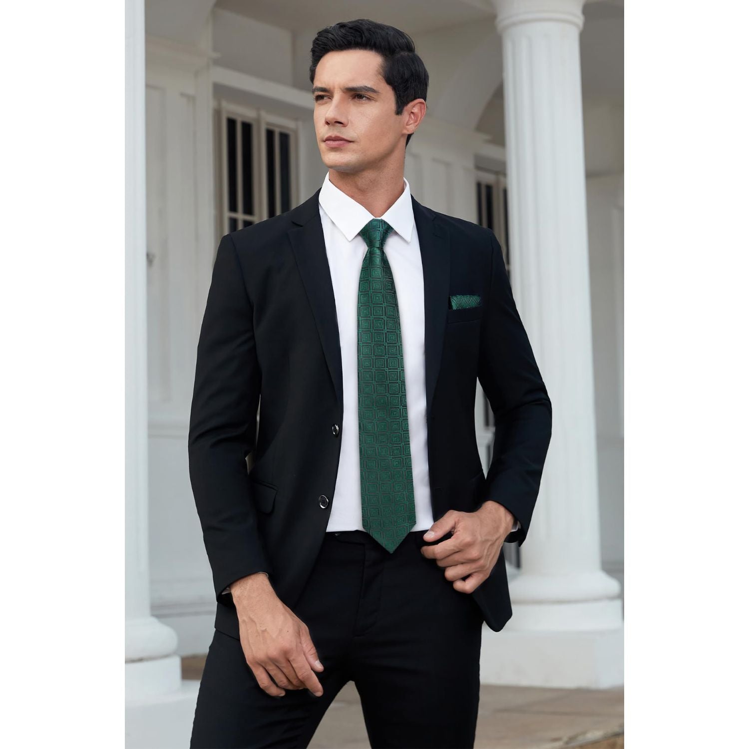 Hisdern Black Green Plaid Wedding Accessories Set with Cufflinks