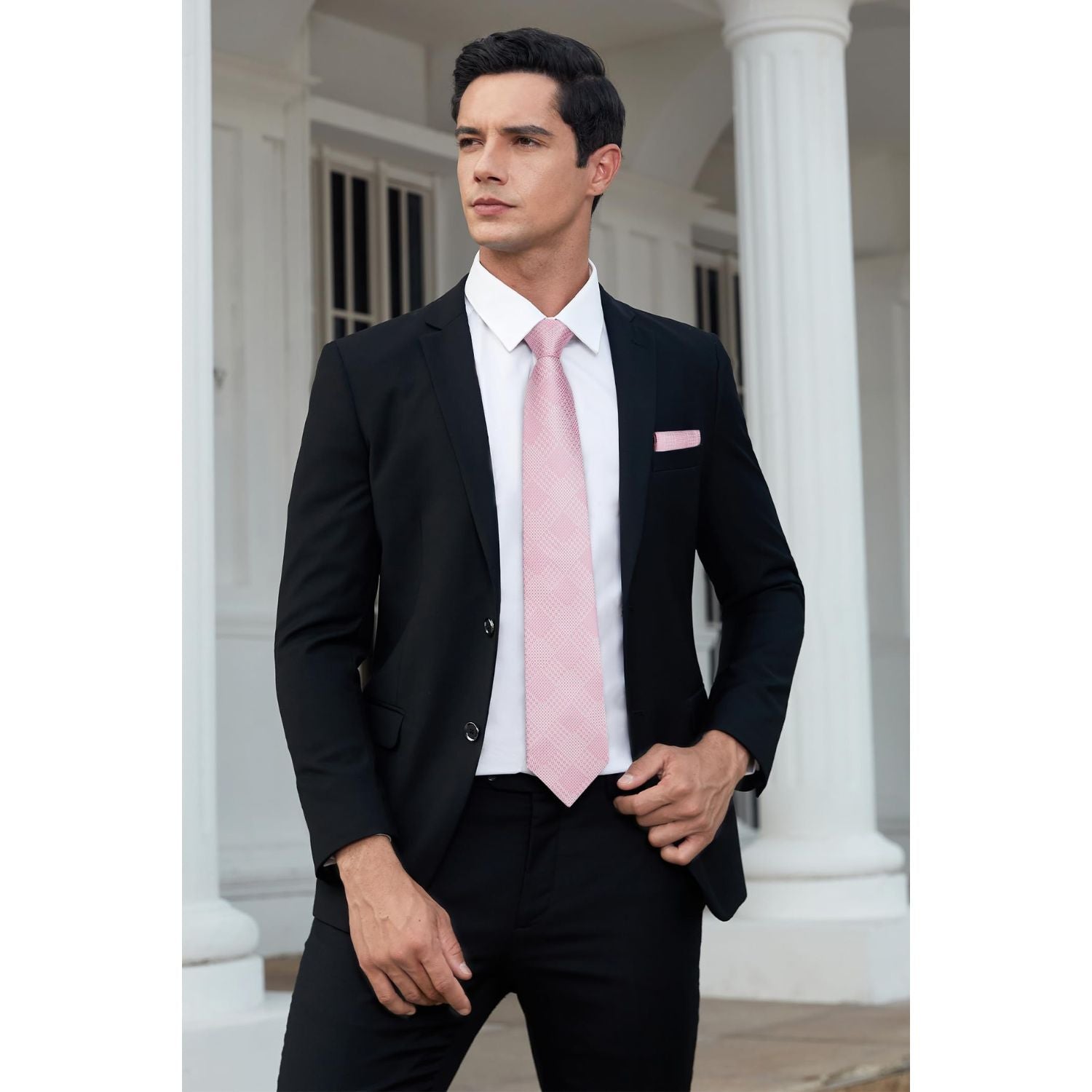 Hisdern Pink Plaid Wedding Accessories Set with Cufflinks