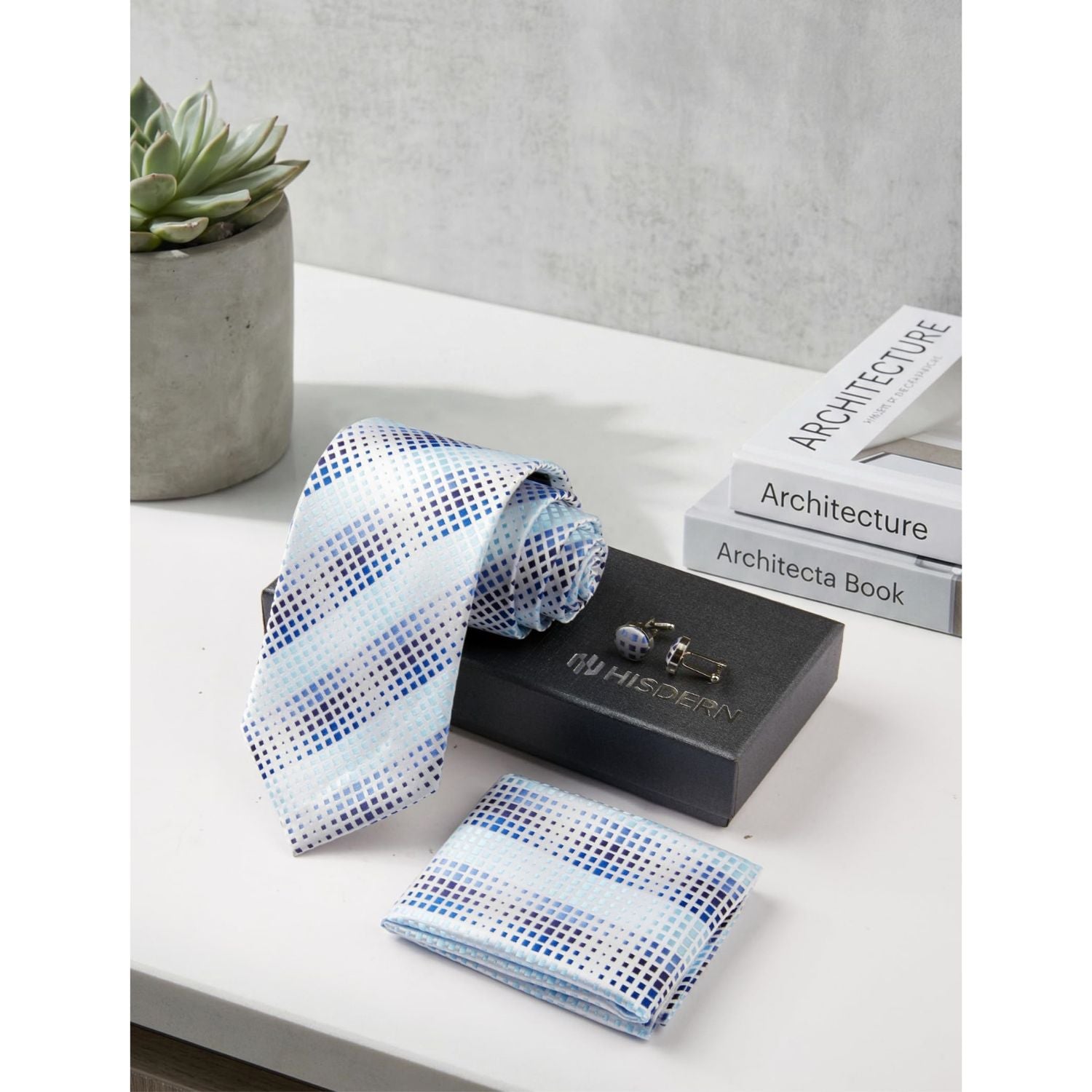 Hisdern Light Blue Striped Business Accessories Set with Cufflinks