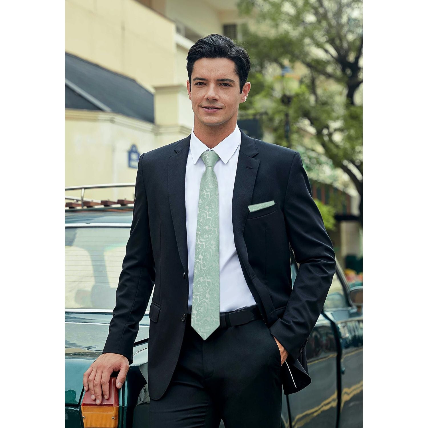 Hisdern Light Green 3.15" Paisley Pre-Tied Ties Business Accessories Set with Cufflinks