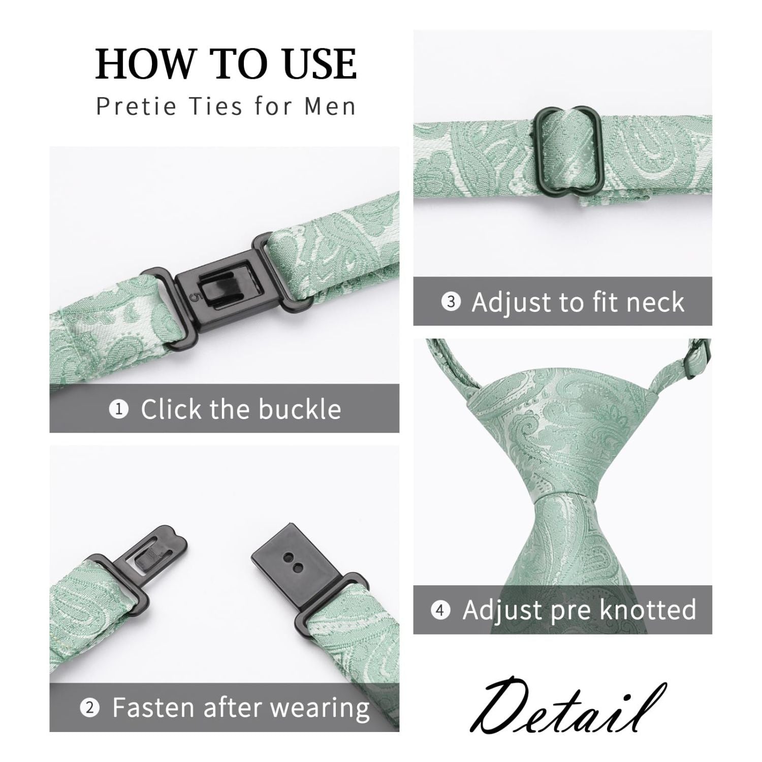 Hisdern Light Green 3.15" Paisley Pre-Tied Ties Business Accessories Set with Cufflinks