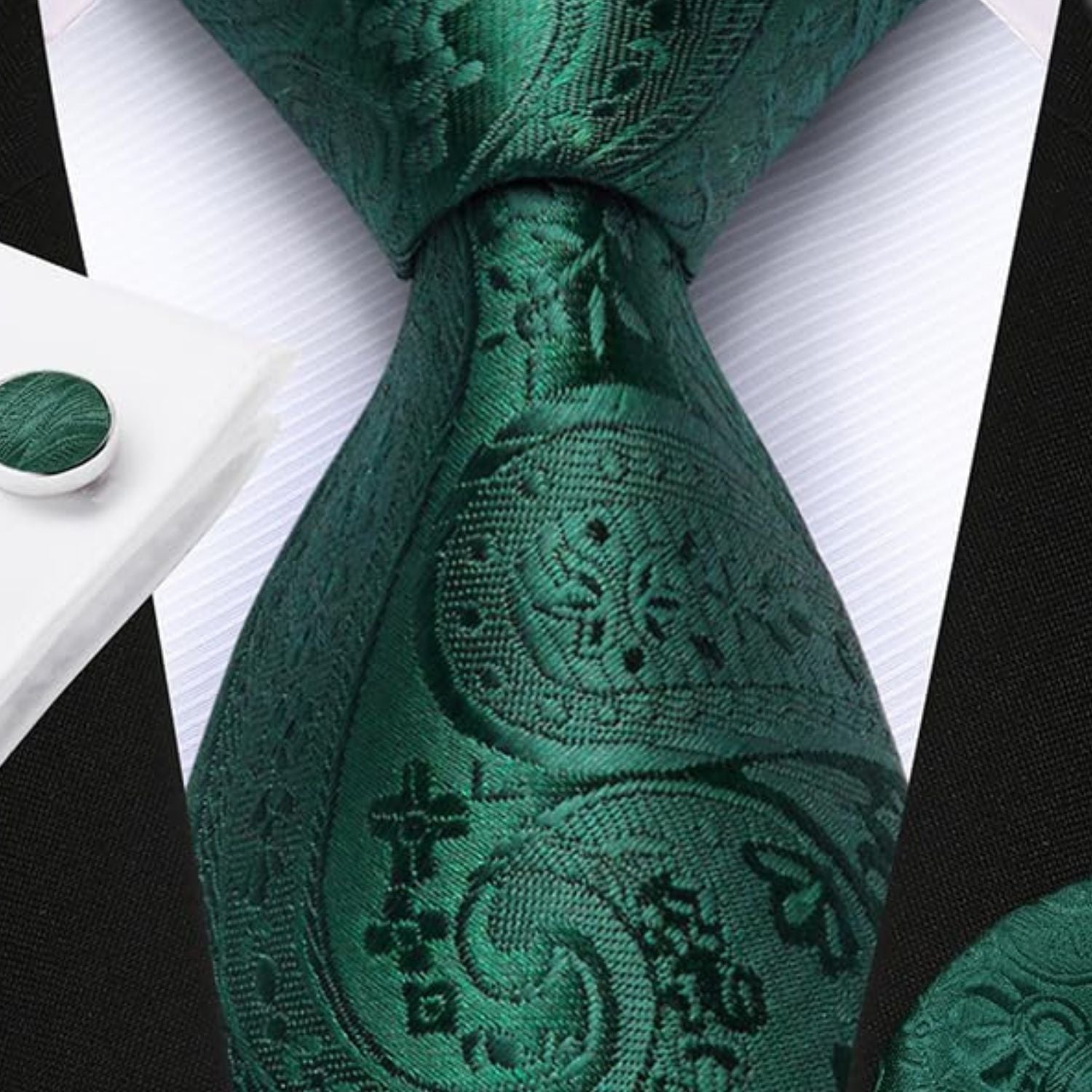 Hisdern Emerald Green 3.15" Paisley Pre-Tied Ties Business Accessories Set with Cufflinks