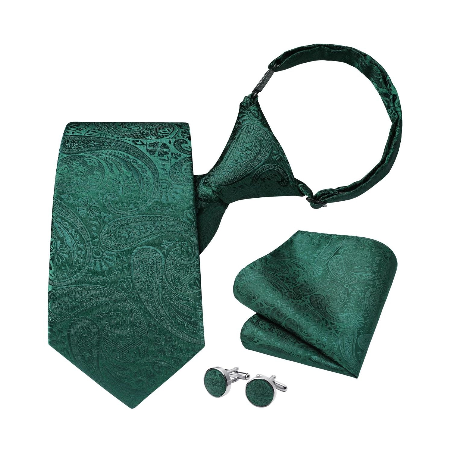 Hisdern Emerald Green 3.15" Paisley Pre-Tied Ties Business Accessories Set with Cufflinks