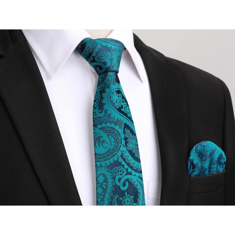 Floral Tie Handkerchief Set - A54-TEAL