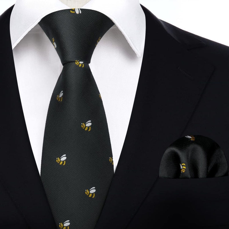 Bee Tie Handkerchief Set - BLACK