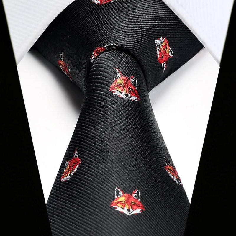 Fox Tie Handkerchief Set - BLACK-3