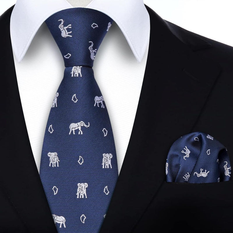 Elephant Tie Handkerchief Set - NAVY BLUE-03