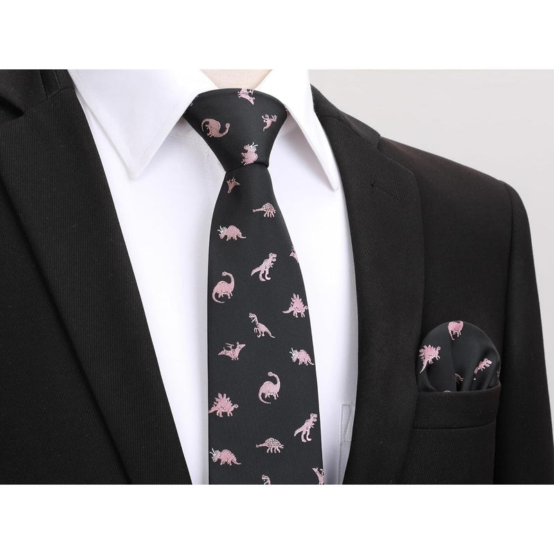 Dinosaur Tie Handkerchief Set - BLACK/PINK-4