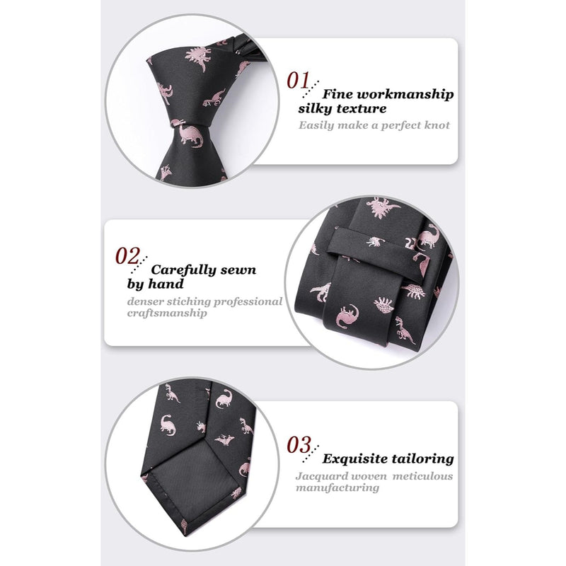 Dinosaur Tie Handkerchief Set - BLACK/PINK-4