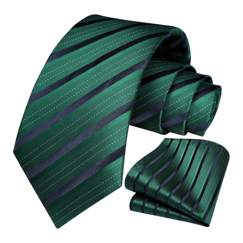 Stripe Tie Handkerchief Set - C-03-GREEN/BLACK