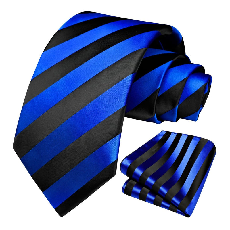 Stripe Tie Handkerchief Set - B-05-BLUE/BLACK