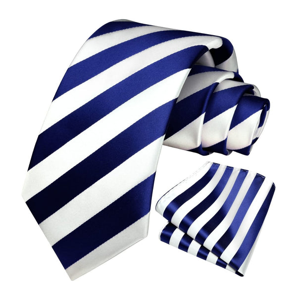 Stripe Tie Handkerchief Set - B-04-BLUE/ WHITE