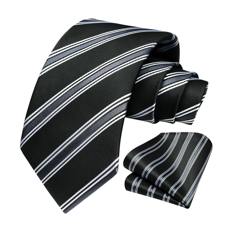 Stripe Tie Handkerchief Set - A-01 BLACK