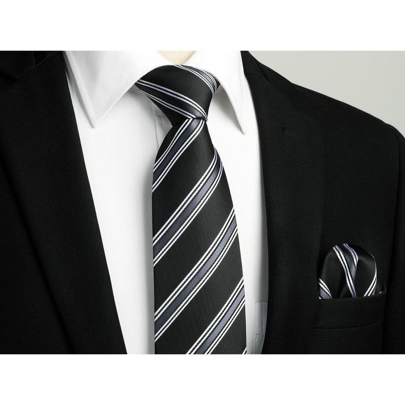 Stripe Tie Handkerchief Set - A-01 BLACK