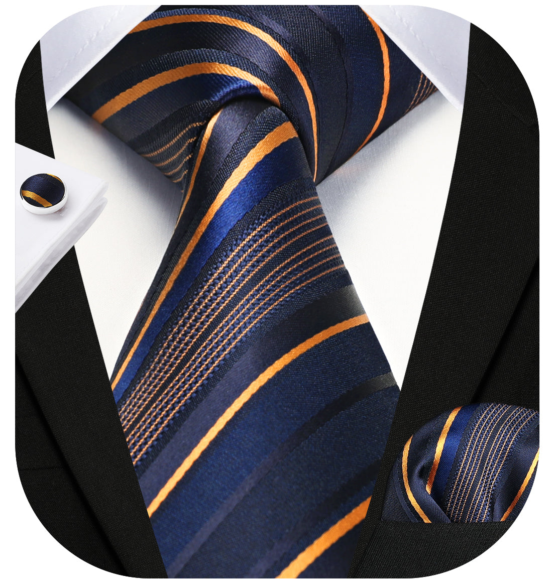 Stripe Tie Handkerchief Cufflinks - 02A-NAVY BLUE