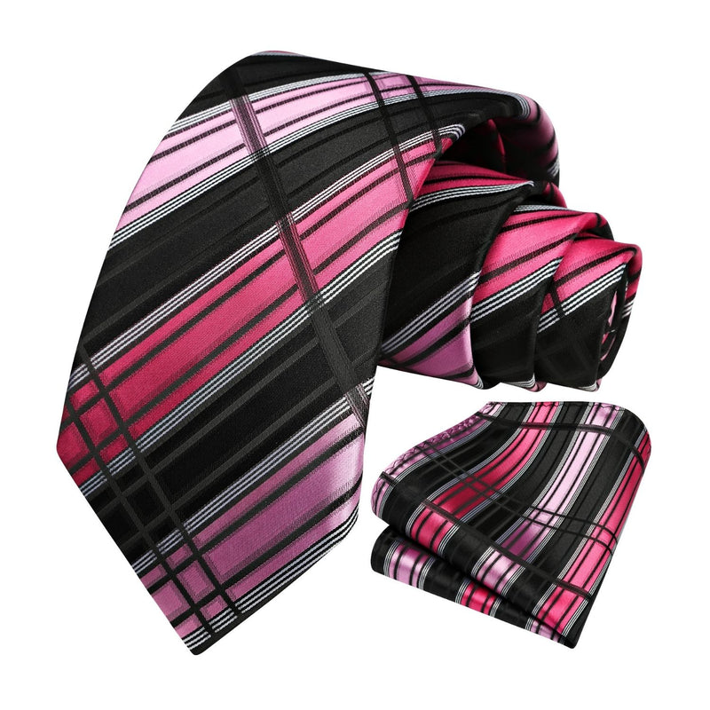 Men's Plaid Tie Handkerchief Set - B-BLACK PINK