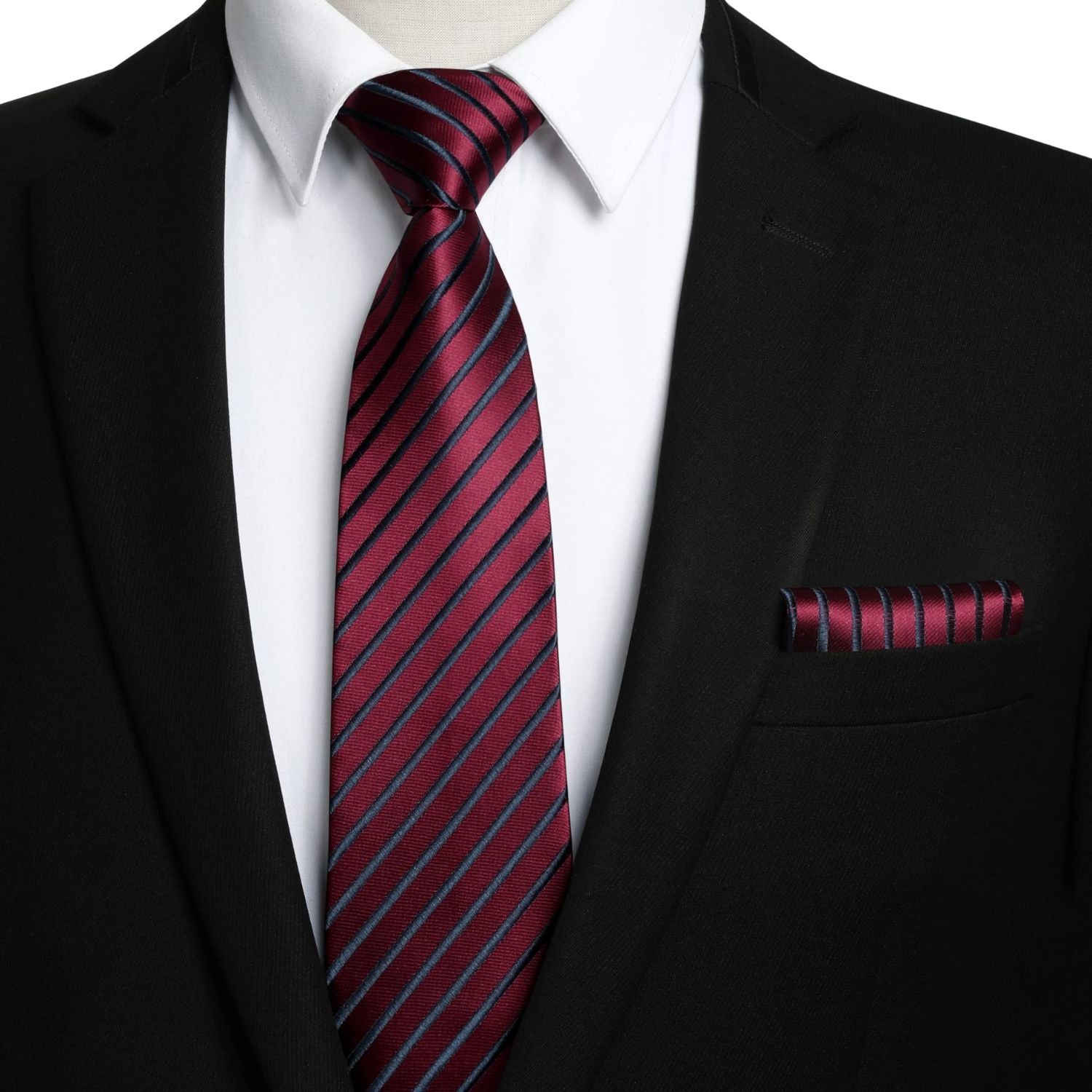 Stripe Tie Handkerchief Set - 8-BURGUNDY/BLACK