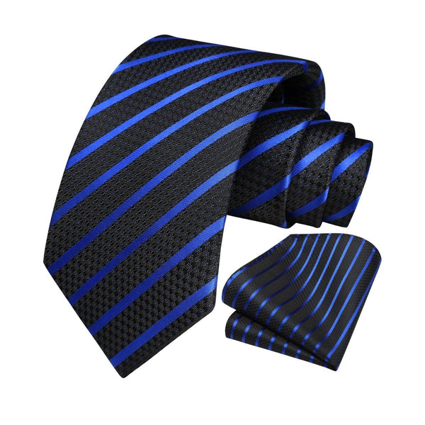 Stripe Tie Handkerchief Set - B-01 BLUE/BLACK