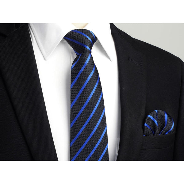 Stripe Tie Handkerchief Set - B-01 BLUE/BLACK