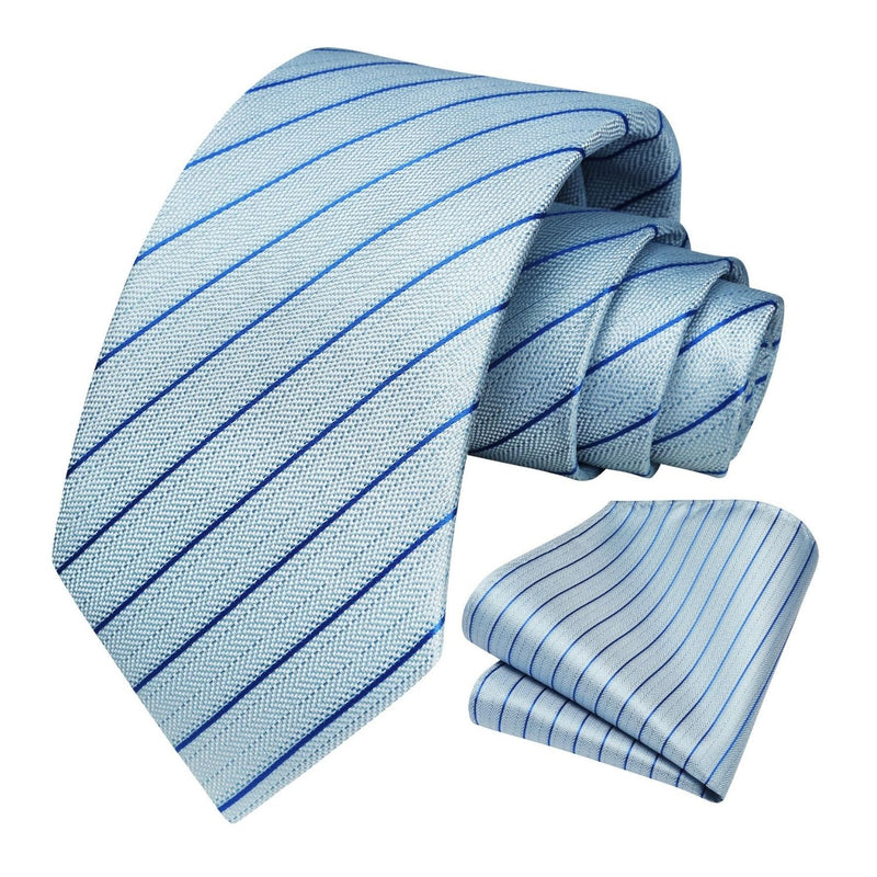 Stripe Tie Handkerchief Set - B-05-BLUE/GREY