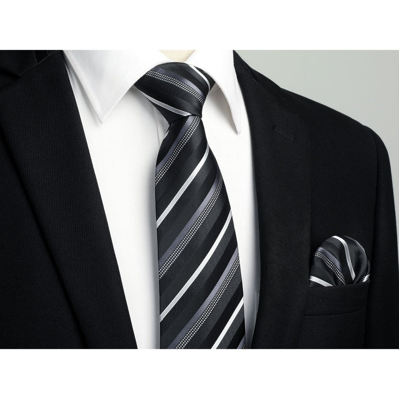 Stripe Tie Handkerchief Set - 17 BLACK