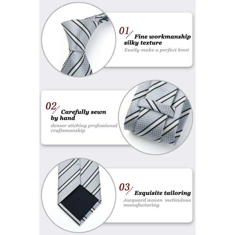 Stripe Tie Handkerchief Set - 33 SILVER BLACK