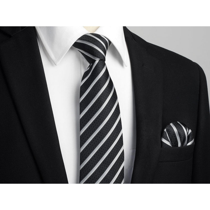 Stripe Tie Handkerchief Set - A-02 BLACK