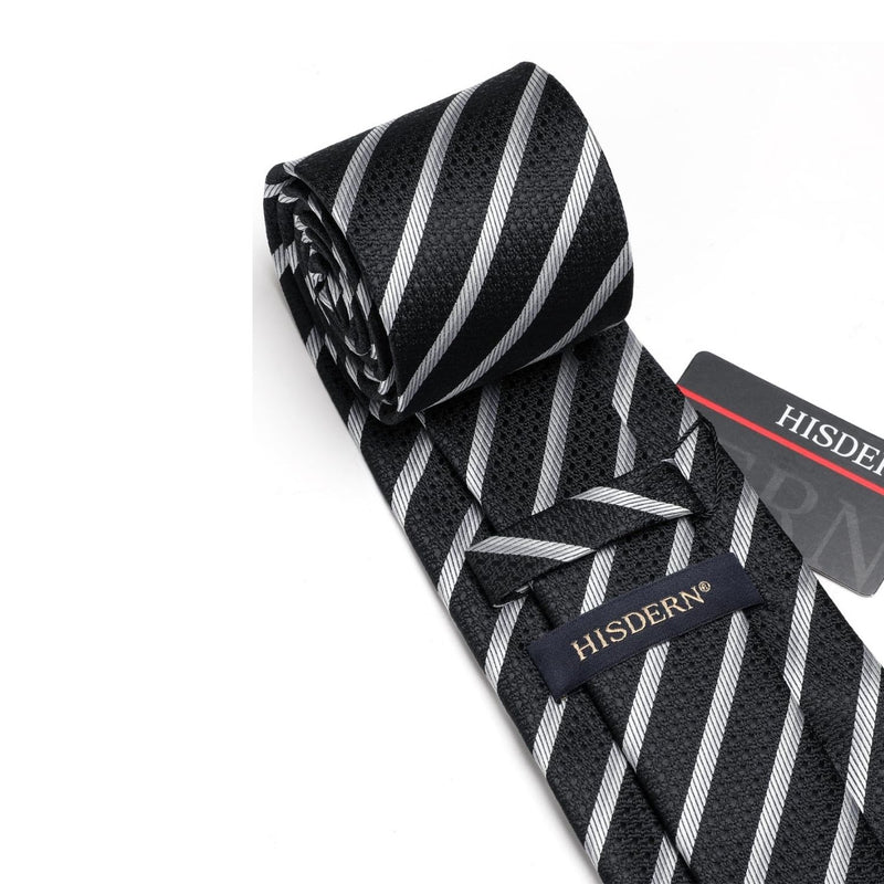 Stripe Tie Handkerchief Set - A-02 BLACK