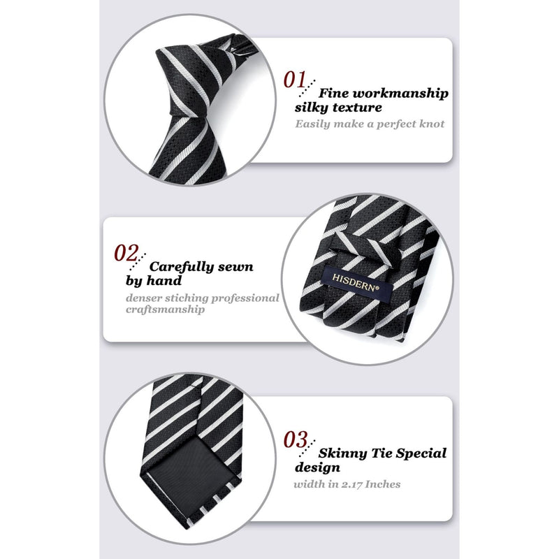 Stripe Tie Handkerchief Set - A-02 BLACK