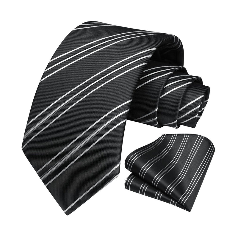 Stripe Tie Handkerchief Set - BLACK/WHITE