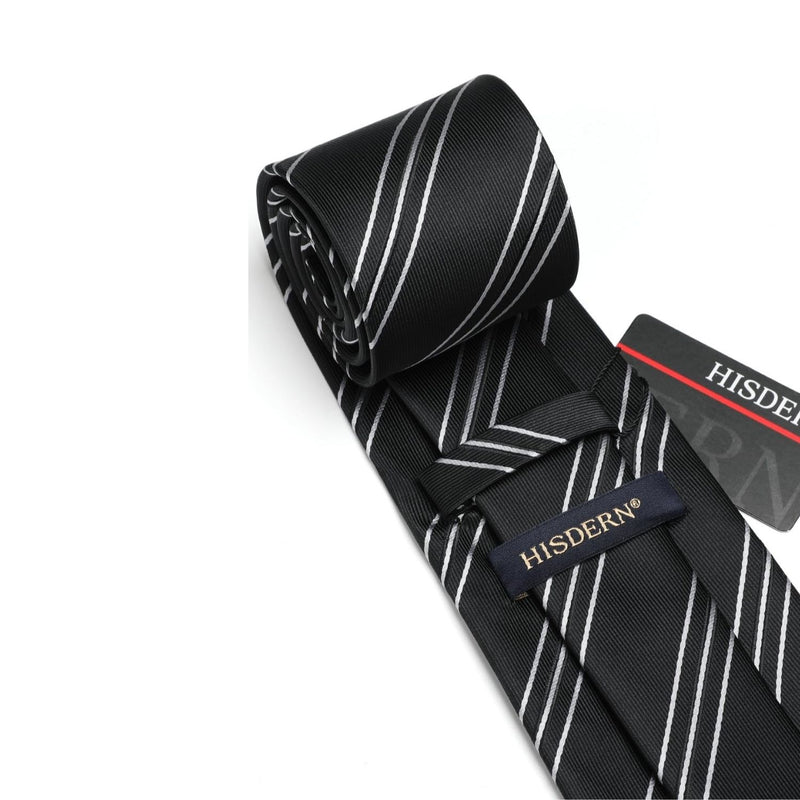 Stripe Tie Handkerchief Set - BLACK/WHITE