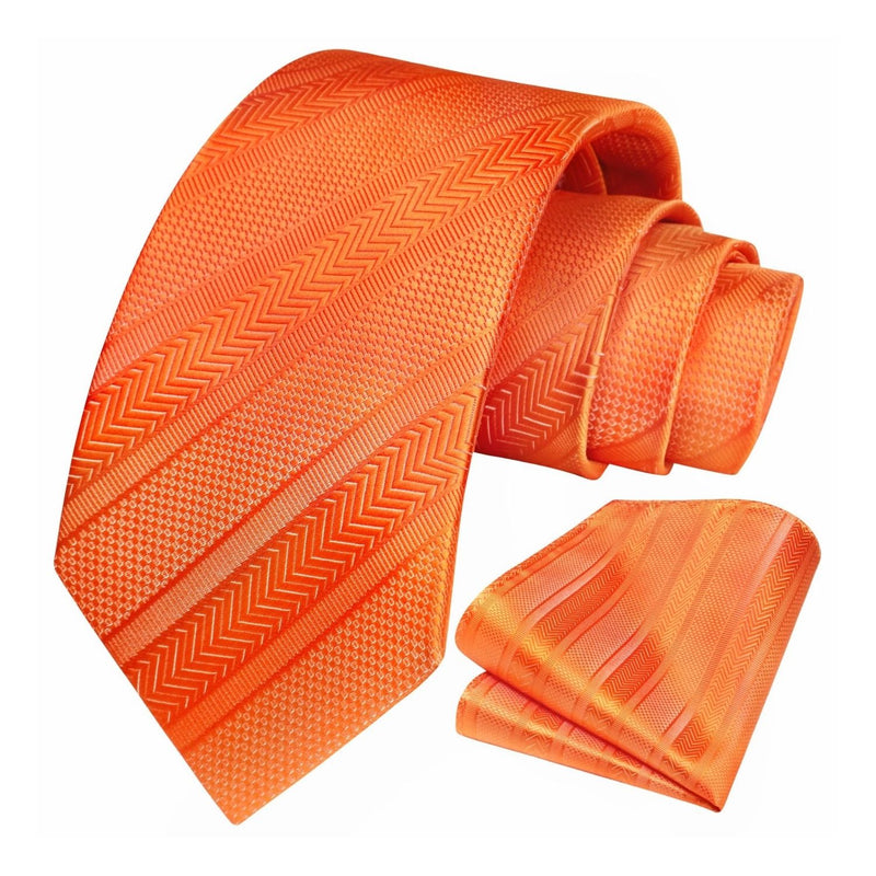 Stripe Tie Handkerchief Set - B-07-SOLID ORANGE