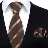 Stripe Tie Handkerchief Set - A-09-BROWN/GOLD