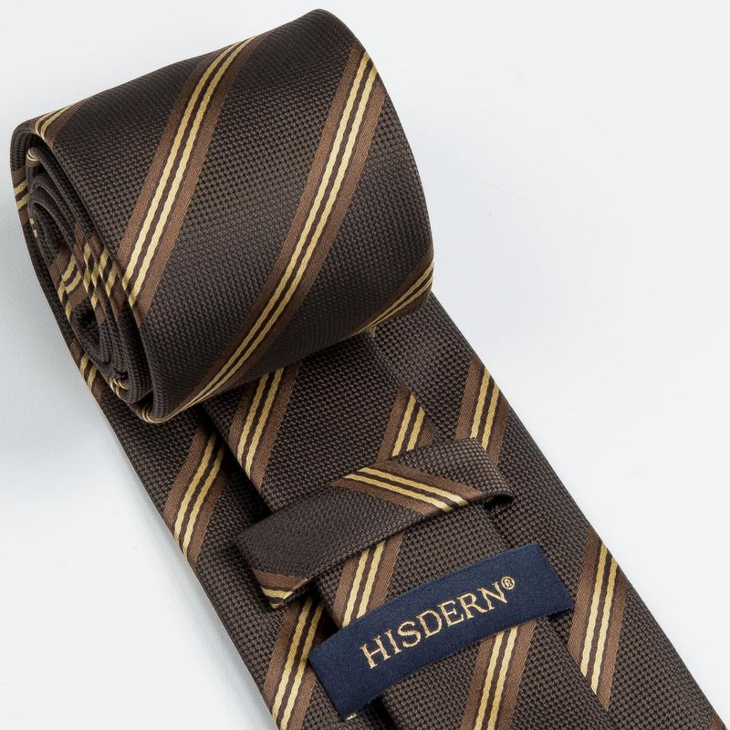 Stripe Tie Handkerchief Set - A-09-BROWN/GOLD