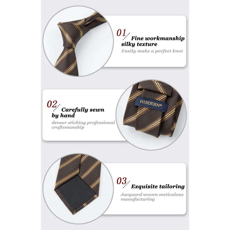 Stripe Tie Handkerchief Set - A-09-BROWN/GOLD