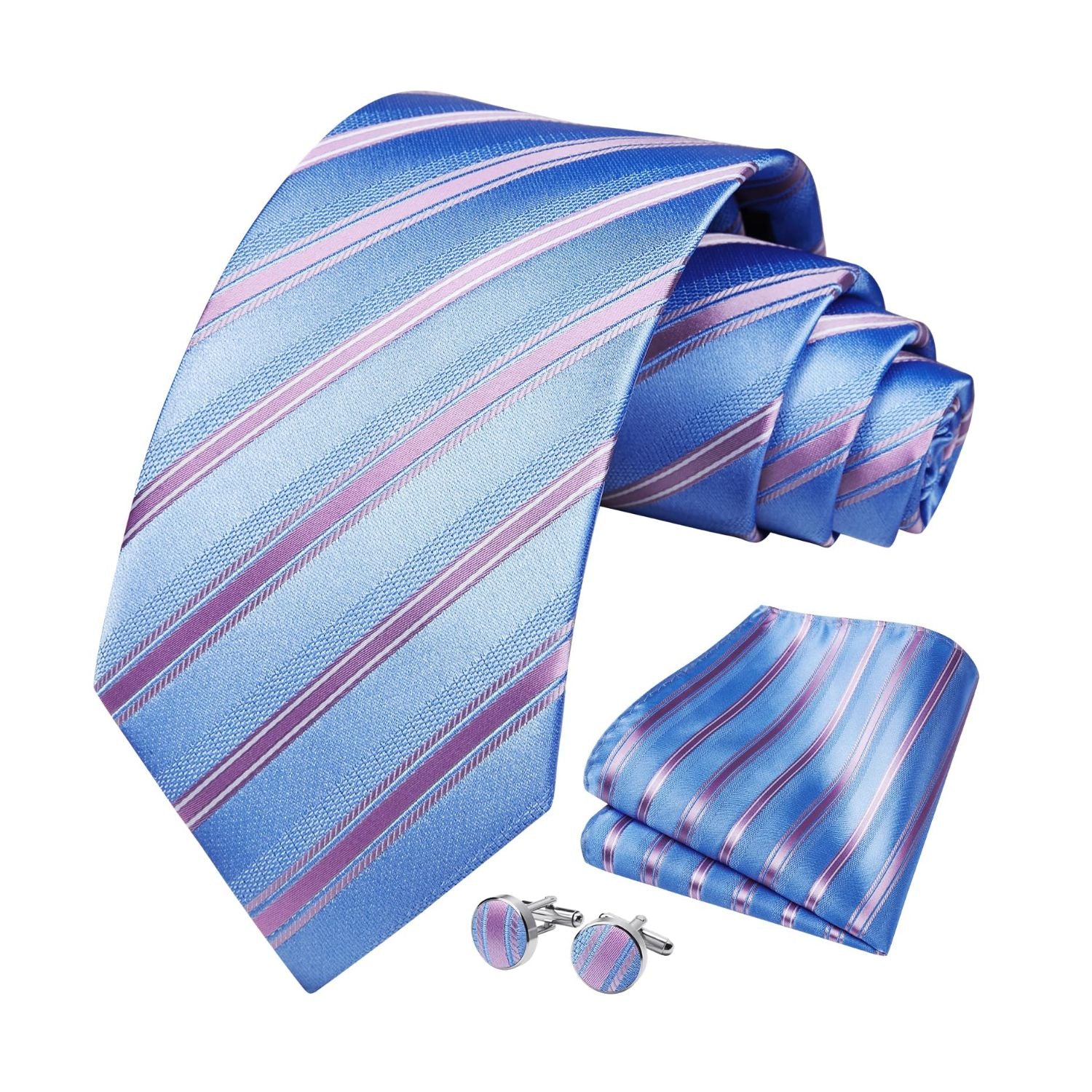 Hisdern Blue Striped Wedding Accessories Set with Cufflinks