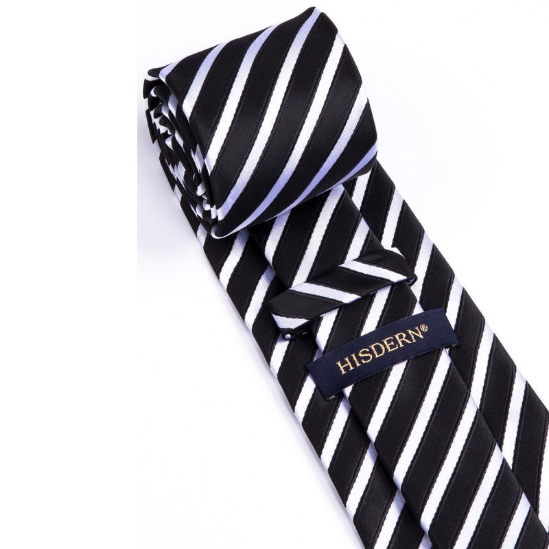 Stripe Tie Handkerchief Set - A-07-BLACK/WHITE