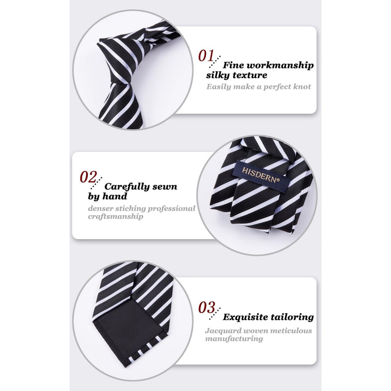 Stripe Tie Handkerchief Set - A-07-BLACK/WHITE