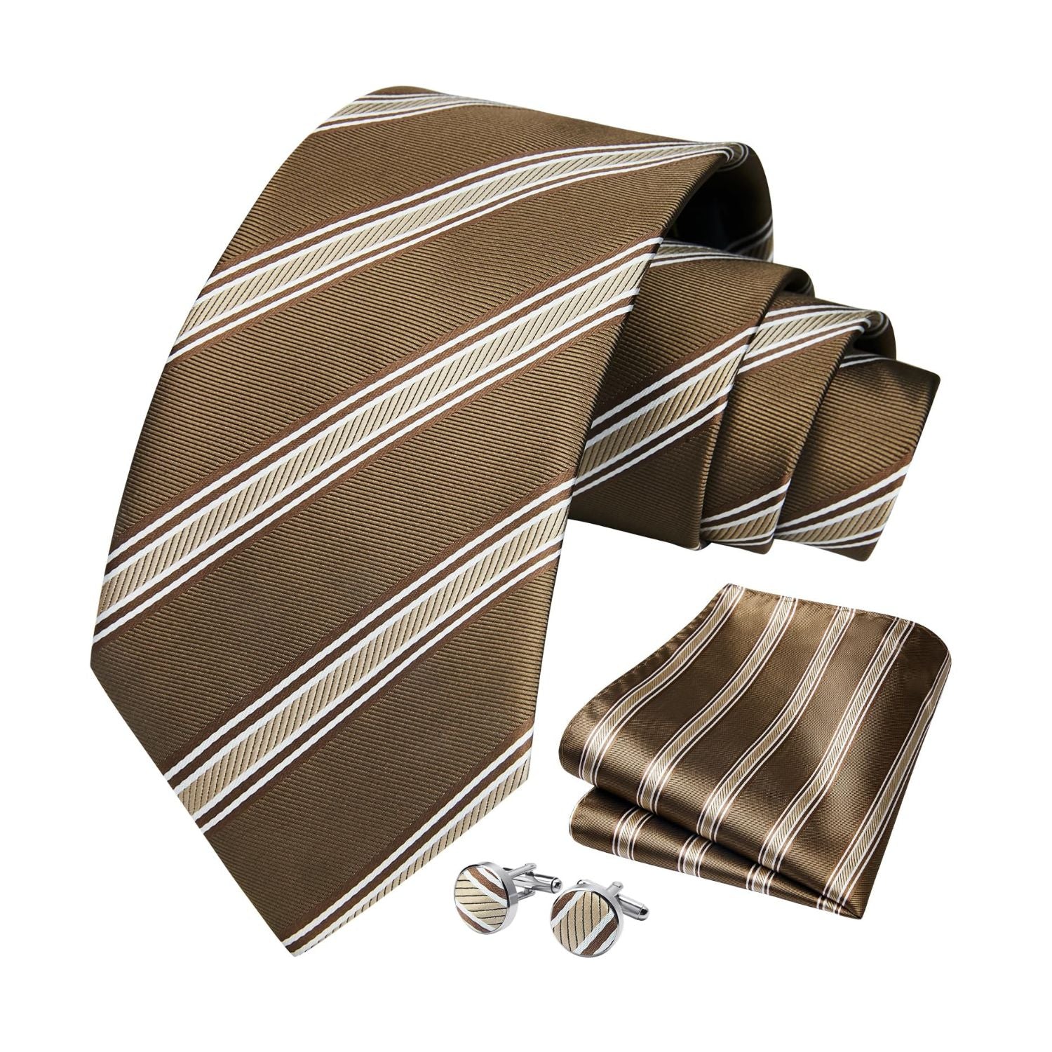 Hisdern Brown Striped Wedding Accessories Set with Cufflinks