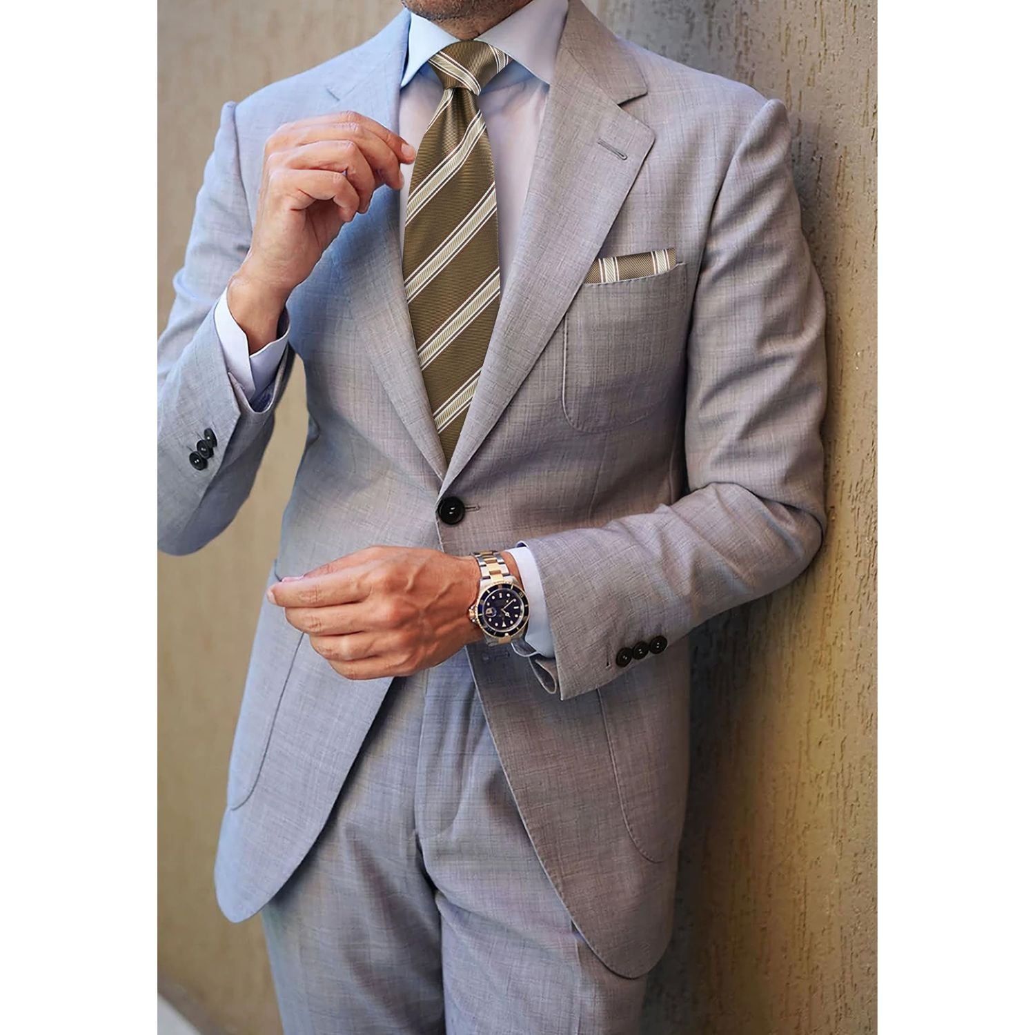 Hisdern Brown Striped Wedding Accessories Set with Cufflinks