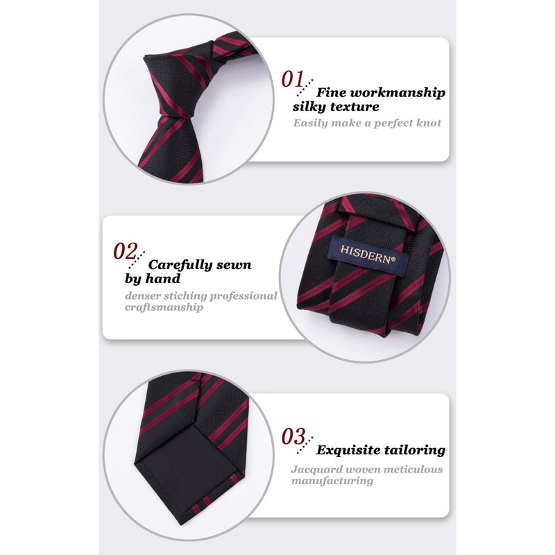 Stripe Tie Handkerchief Set - A-09-BLACK/RED