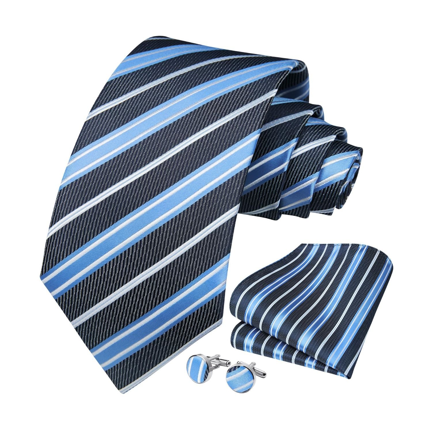 Hisdern Black Blue Striped Wedding Accessories Set with Cufflinks
