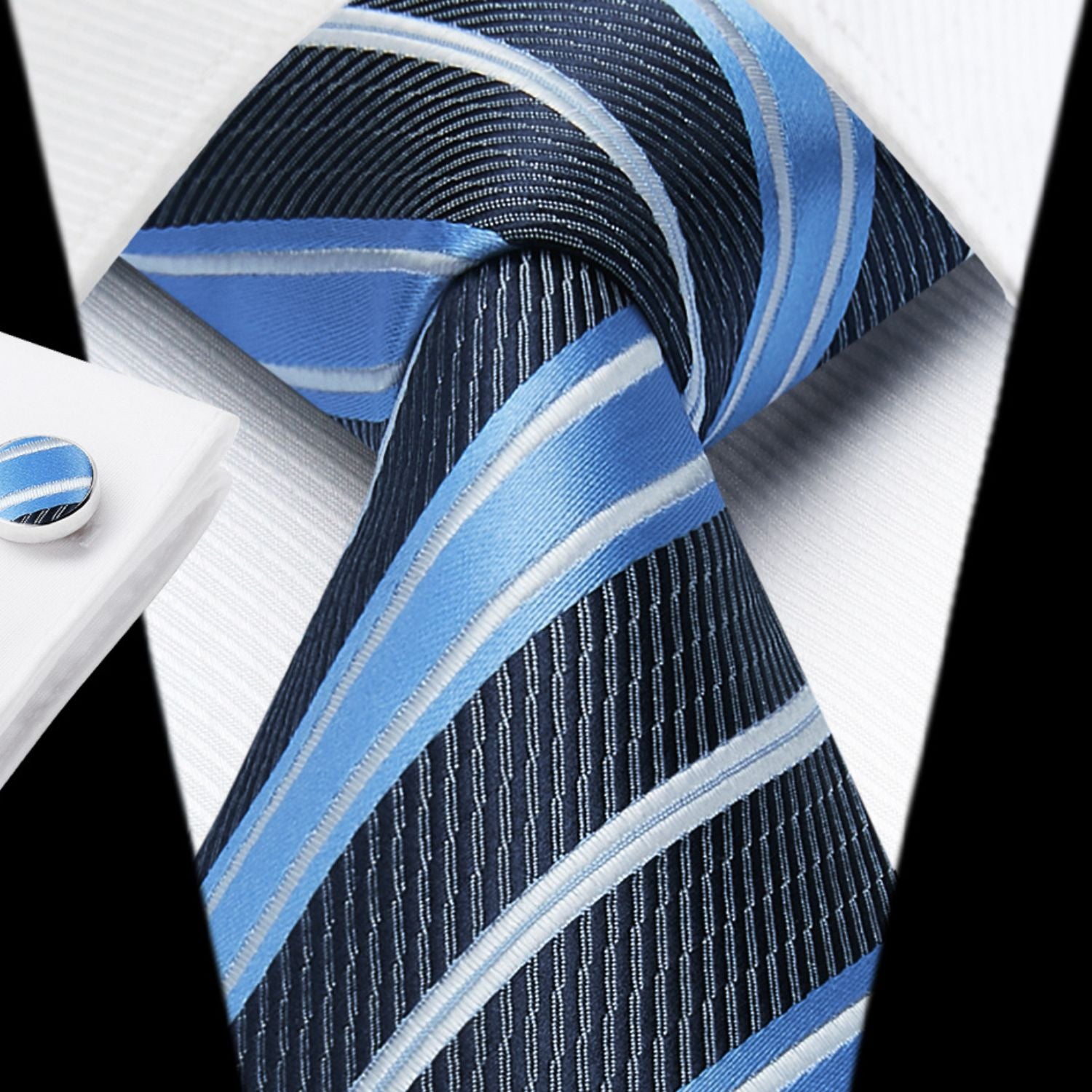 Hisdern Black Blue Striped Wedding Accessories Set with Cufflinks