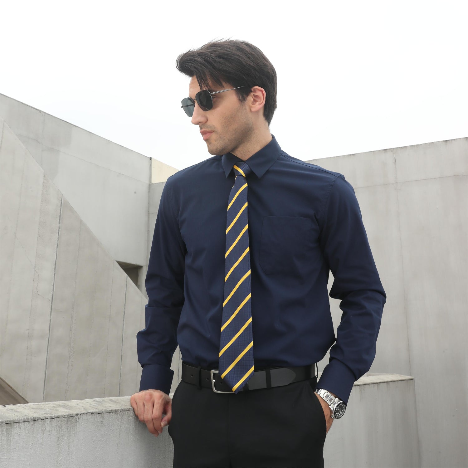 Stripe Tie Handkerchief Set - YELLOW/NAVY