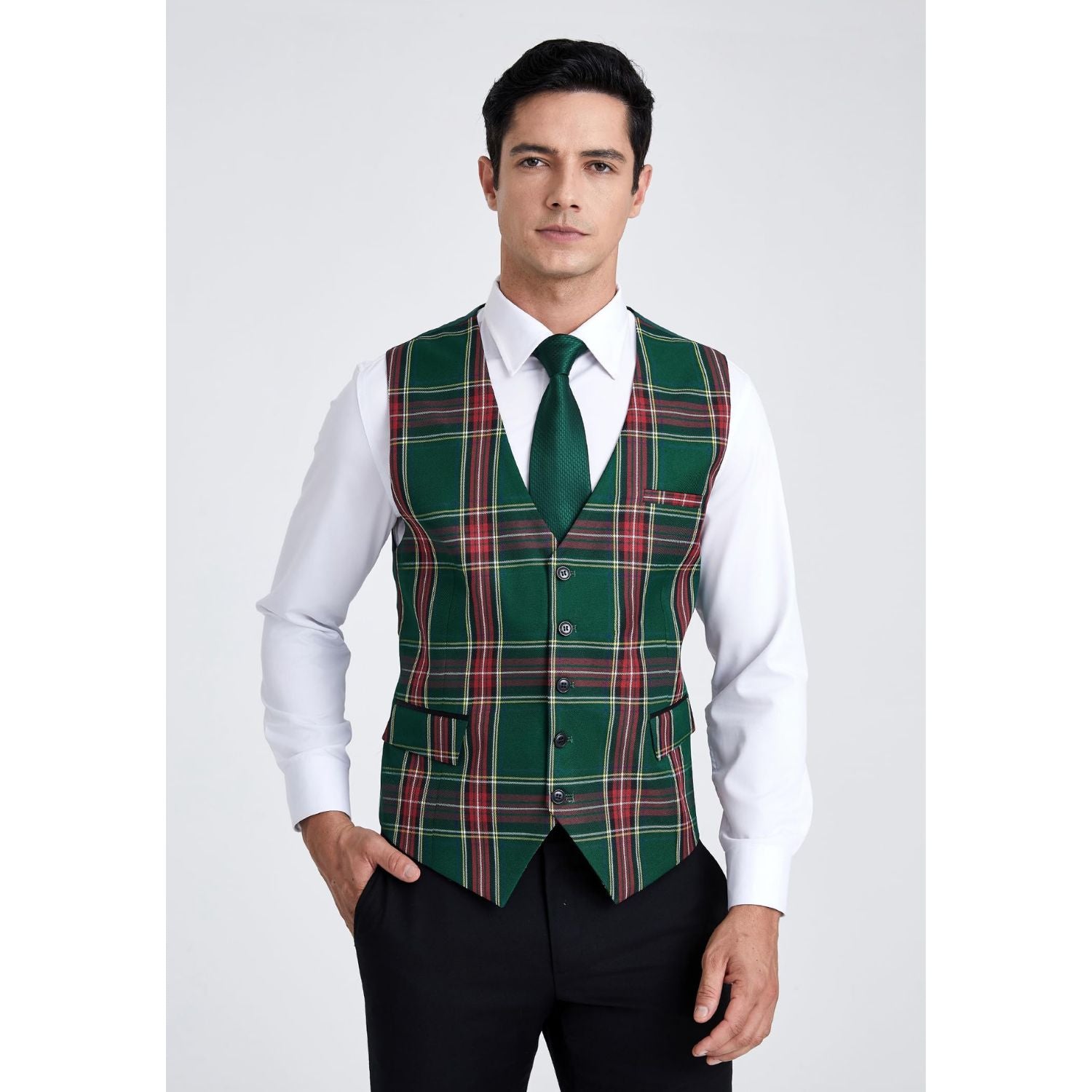 Men's Green Red Plaid Wedding Vest For Groomsmen
