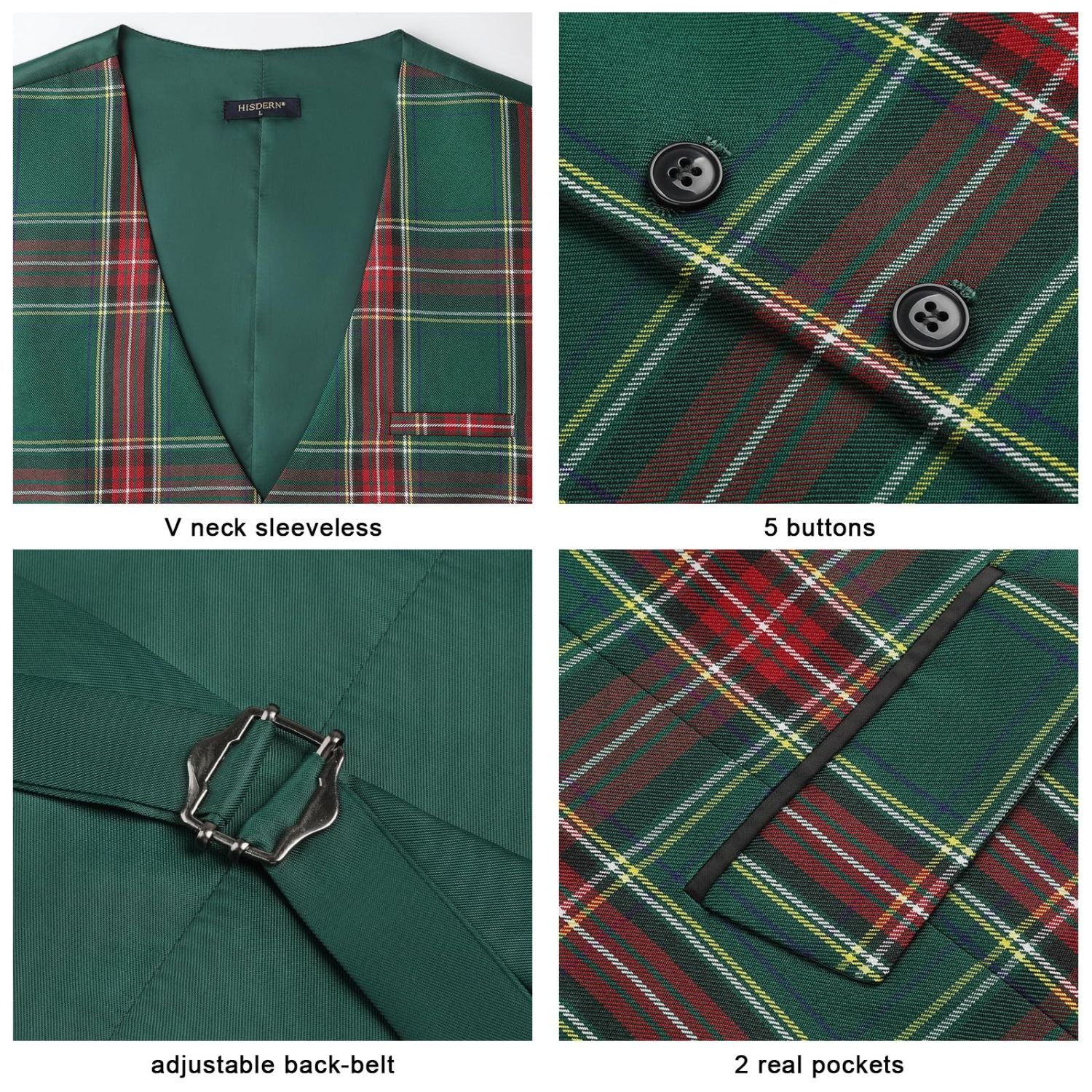 Men's Green Red Plaid Wedding Vest For Groomsmen