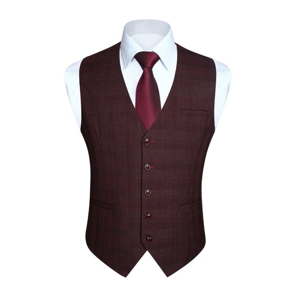 Plaid Slim Suit Vest - A-RED MARRON