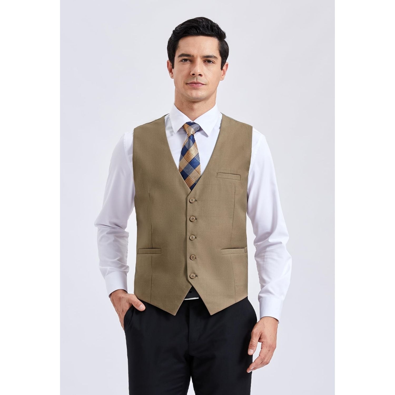 Solid Slim Suit Vest - KHAKI-6