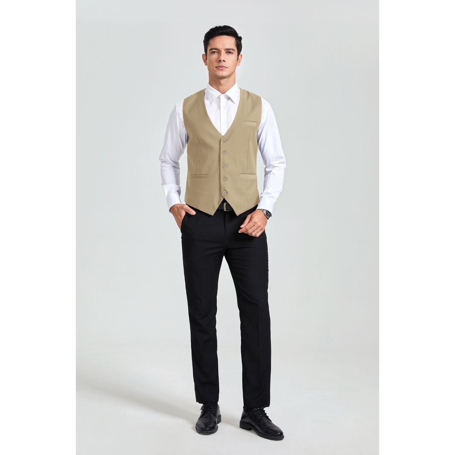 Hisdern Men's Light Khaki Satin Suit Vest Formal Wear