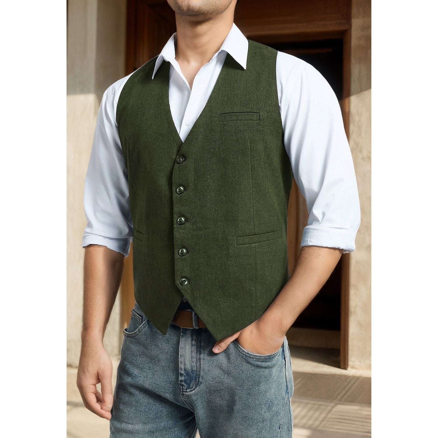 Men's Herringbone Tweed Vest - ARMY GREEN